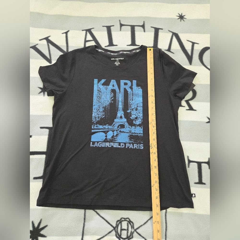 Karl Lagerfeld Paris Black T-Shirt with Blue Graphic Medium & Large NEW - Picture 14 of 15